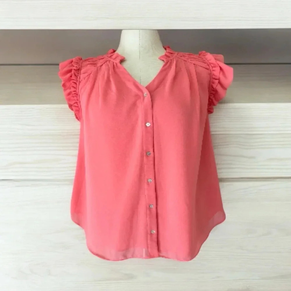 Women GiGio Peach/Coral Ruffle Short Sleeve Blouse 1X